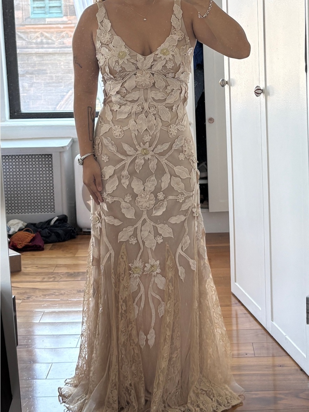 Sue Wong Cream and Beige Floral Lace Maxi Dress Bridal Style Nocturne Collection